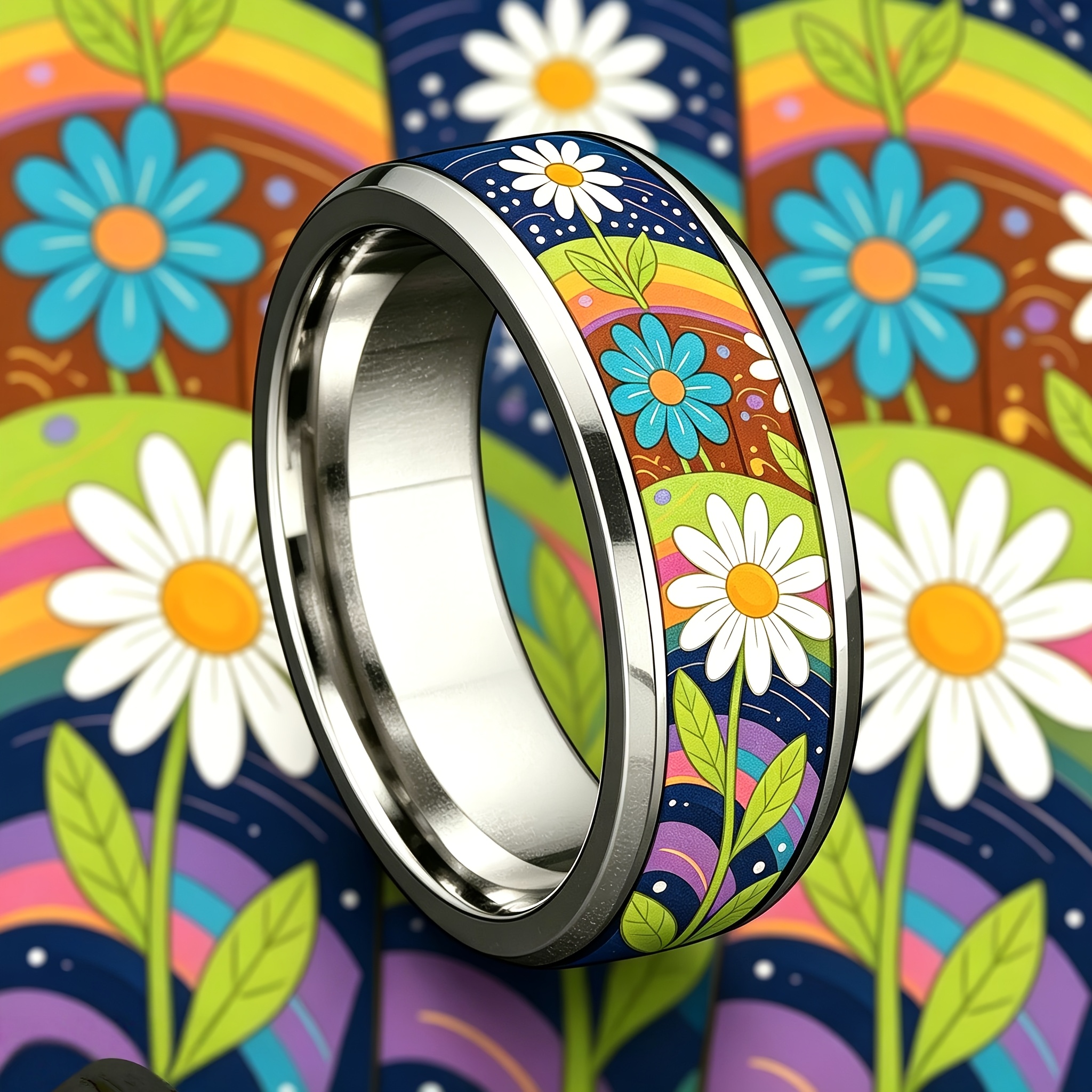 Rainbow Starry Sky Daisy Printed 304L Stainless Steel Ring